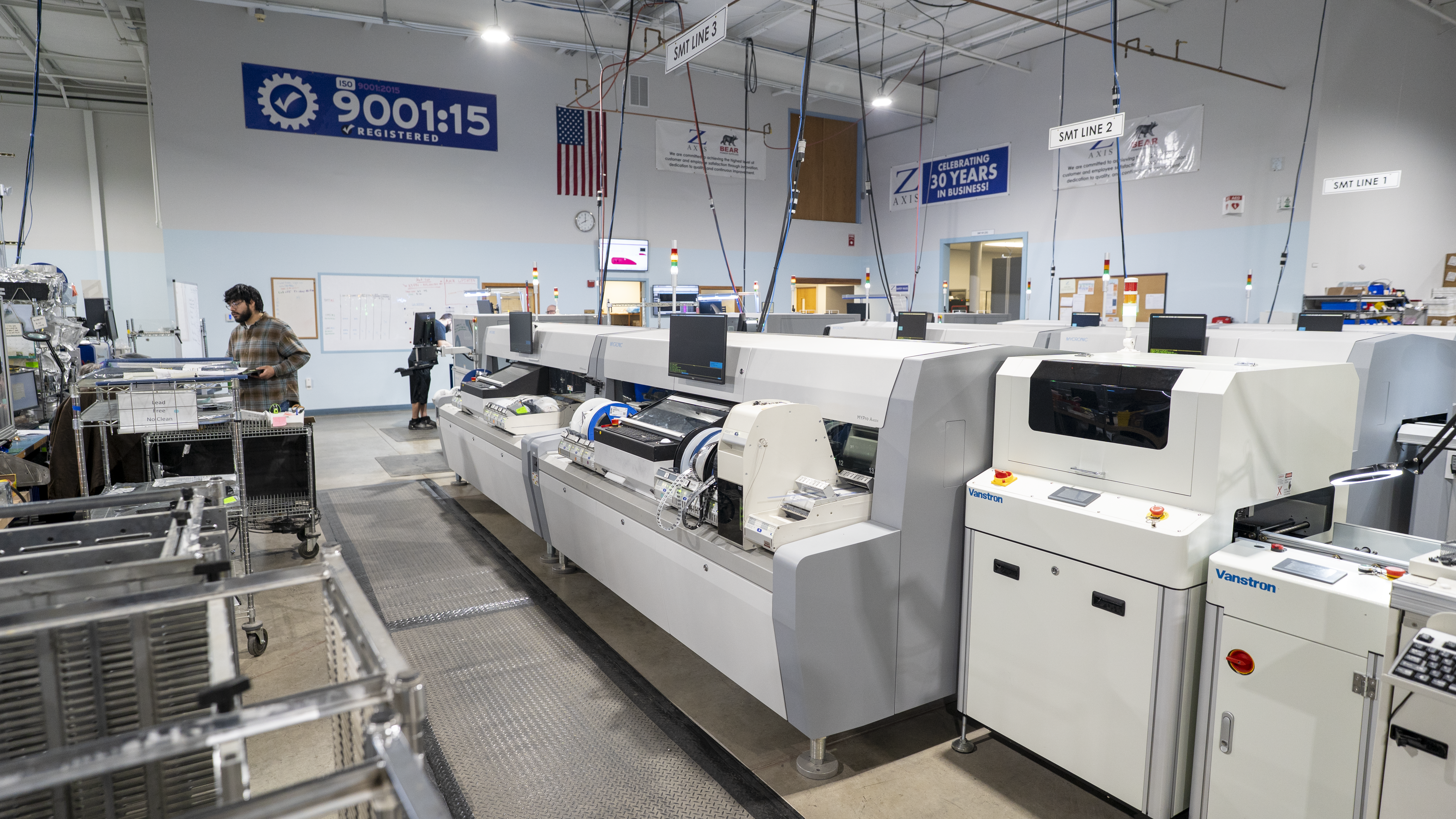 Z-AXIS shopfloor photo of Mycronic SMT line