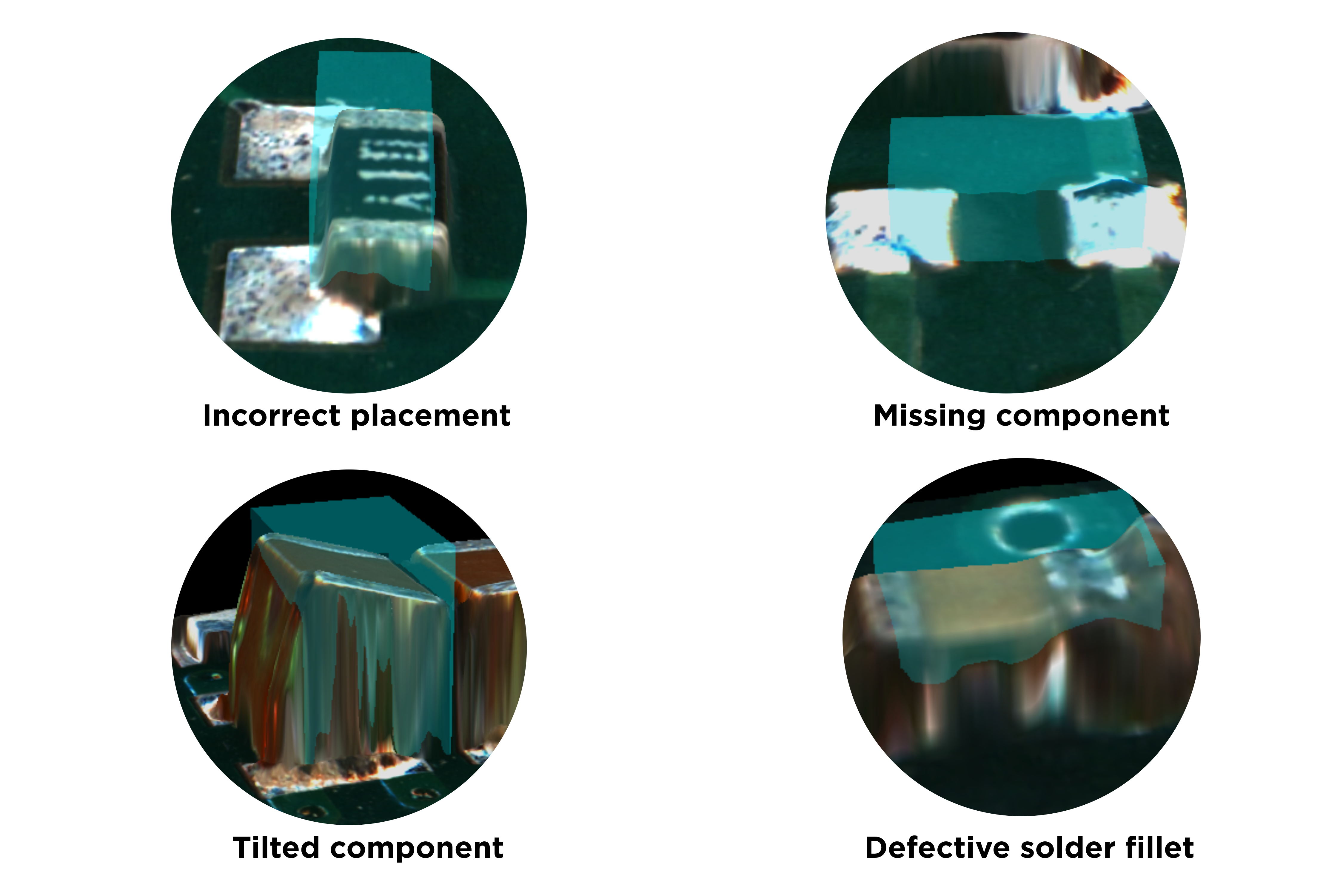What a missing and tilted component, incorrect placement, and defective solder fillet looks like